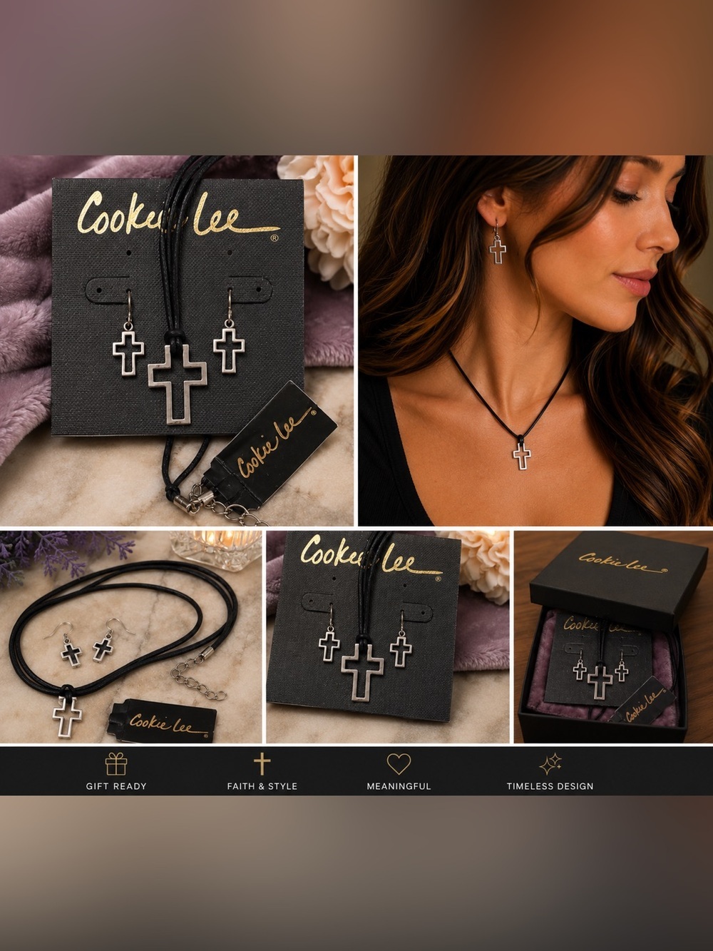 Cookie Lee Cross Necklace & Earrings Set | Silver Religious Jewelry | New